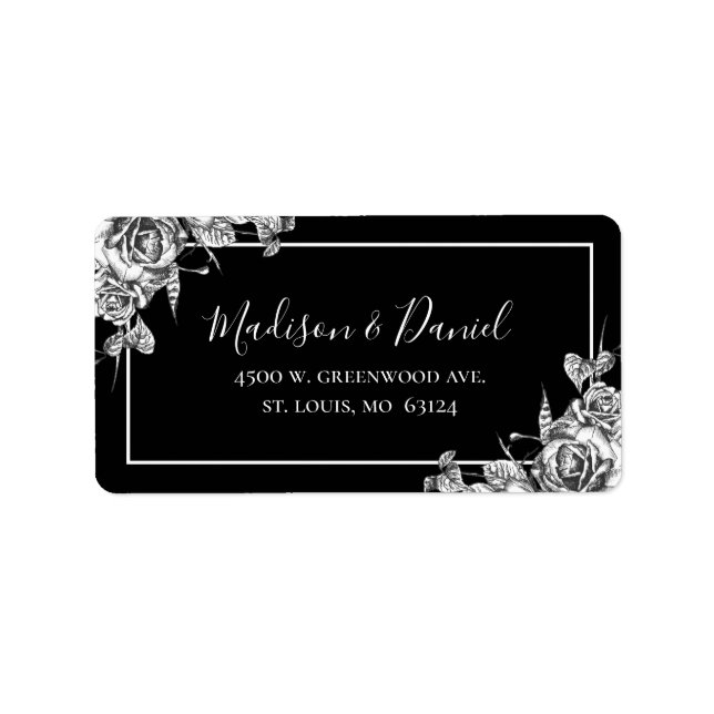 Elegant Black White Floral Wedding Return Address Label (Front)