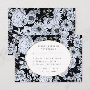 Elegant black white floral Wedding RSVP  Invitation
