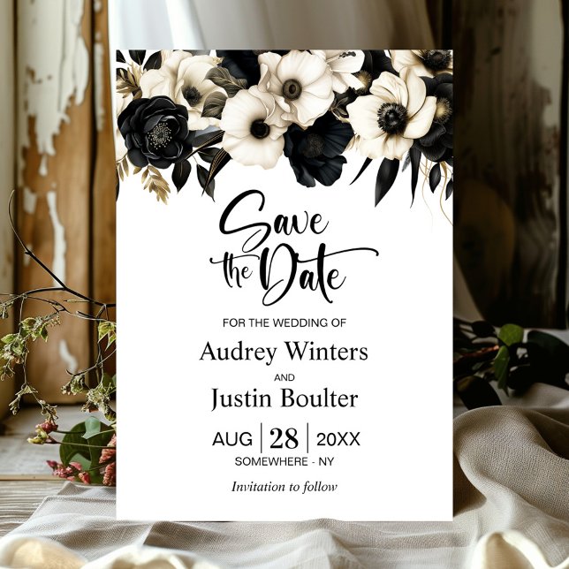 Elegant Black White Floral Wedding Save the Date Invitation (Creator Uploaded)