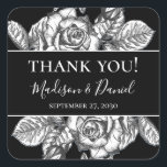 Elegant  Black White Floral Wedding Thank You Square Sticker<br><div class="desc">These Elegant Black White Floral Thank You Stickers are elegant, modern, chic, and charming - perfect for a garden, botanical, rustic, romantic, floral, formal or vintage wedding. Their exquisite combination of graceful black and white roses and wispy foliage is flowy, delicate, and beautiful. Their monochromatic design is stunning and classic....</div>