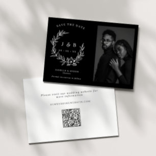 Elegant Black & White Floral Wreath Monogram Photo Save The Date