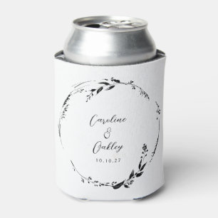 Elegant Black White Floral Wreath Wedding Custom Can Cooler