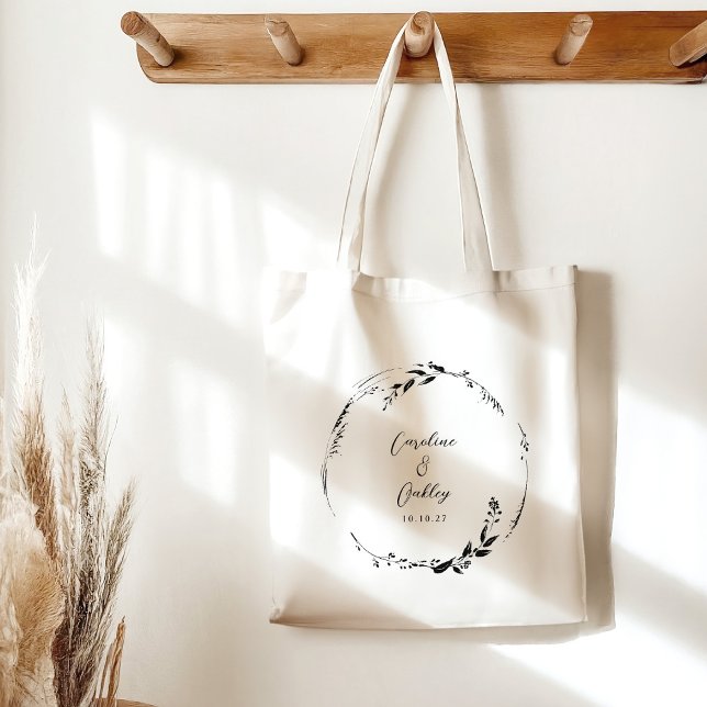 Elegant Black White Floral Wreath Wedding Custom Tote Bag (Creator Uploaded)