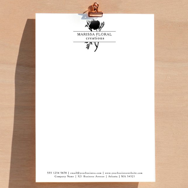Elegant Black White Florist Botanical Flower Shop Custom Letterhead (Elegant Black White Florist Botanical Flower Shop Letterhead)