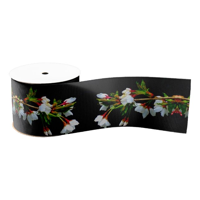 Elegant Black White flowering white Blossom Grosgrain Ribbon (Spool)