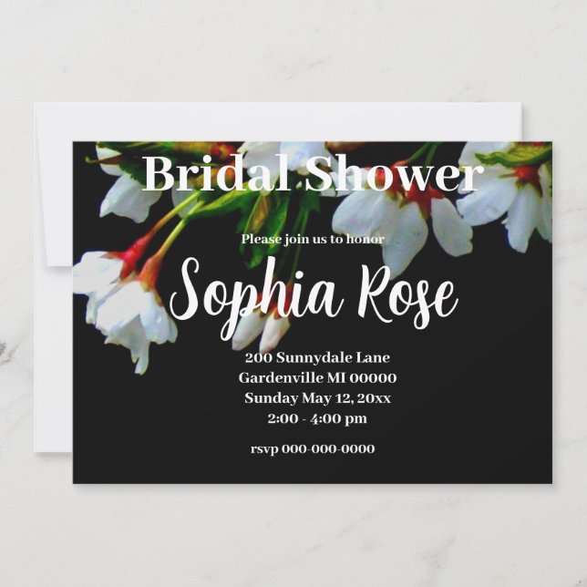 Elegant Black White flowering white Blossom Invitation (Front)