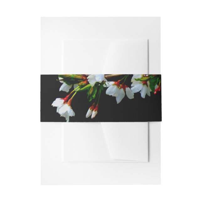 Elegant Black White flowering white Blossom Invitation Belly Band (Front Example)
