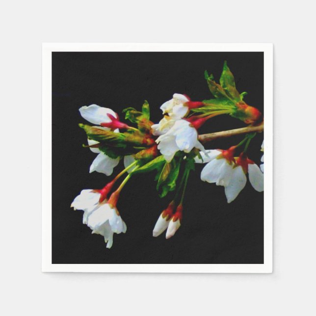 Elegant Black White flowering white Blossom Napkin (Front)