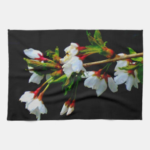 Elegant Black White flowering white Blossom Tea Towel