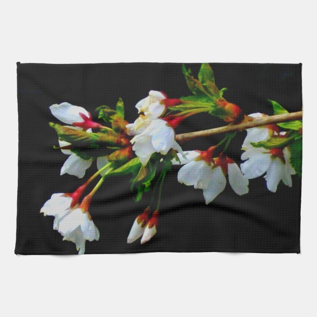 Elegant Black White flowering white Blossom Tea Towel (Horizontal)