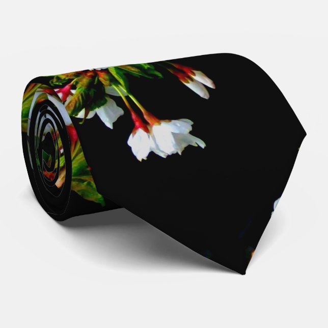 Elegant Black White flowering white Blossom Tie (Rolled)