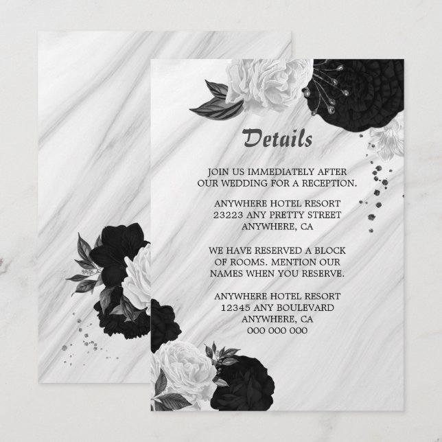 Elegant black white flowers details enclosure card (Front/Back)