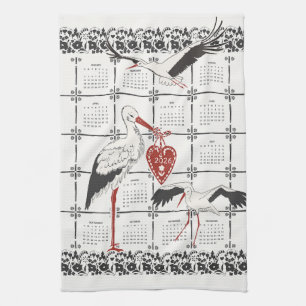 Elegant Black & White Folk Stork 2026 Calendar Tea Towel