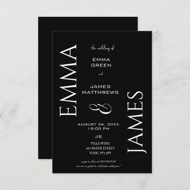 Elegant Black & White Font Bold Script Wedding Invitation (Front/Back)