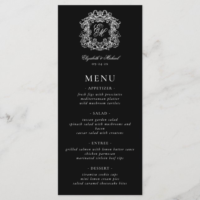 Elegant Black White Formal Monogram Crest Wedding Menu (Front)