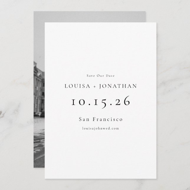Elegant Black White Formal Simple Photo Wedding  Save The Date (Front/Back)