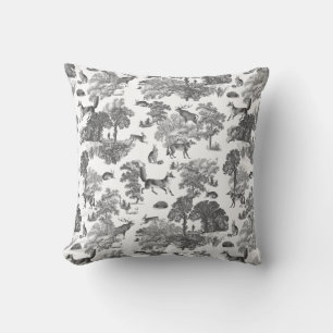 Elegant Black White Fox Rabbit Woodland Toile Cushion
