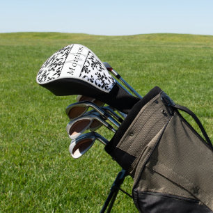 Elegant Black & White French Damask Pattern Golf Head Cover