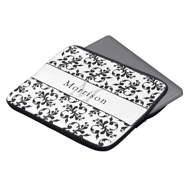 Elegant Black & White French Damask Pattern Laptop Sleeve (Front Top)