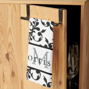 Elegant Black & White French Damask Pattern Tea Towel