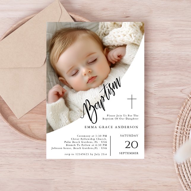 Elegant Black & White Gender Neutral Photo Baptism Invitation (Creator Uploaded)