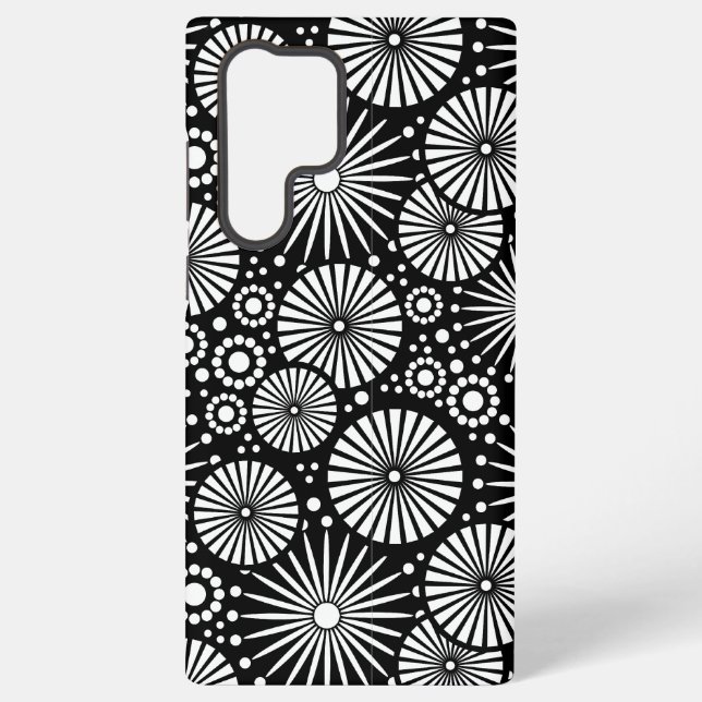 Elegant Black White Geometric Flowers Starburst Samsung Galaxy S22 Ultra Case (Back)