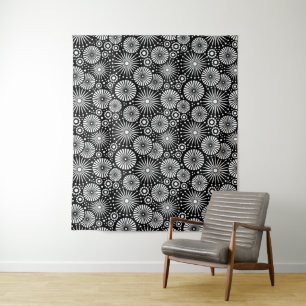 Elegant Black White Geometric Flowers Starburst Tapestry