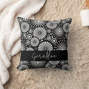 Elegant Black White Geometric Starburst Name  Cushion