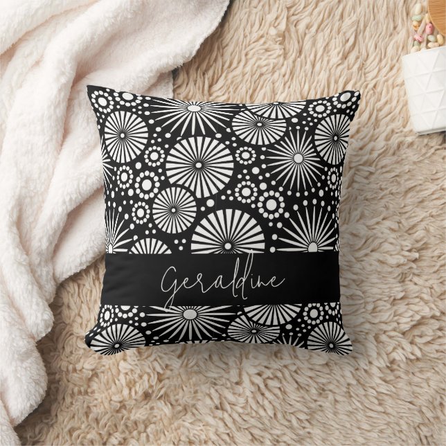 Elegant Black White Geometric Starburst Name  Cushion (Blanket)