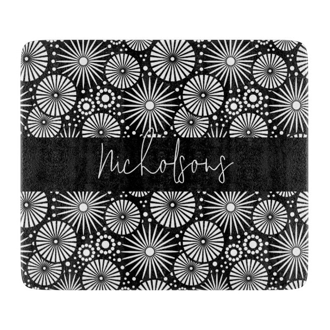 Elegant Black White Geometric Starburst Name  Cutting Board (Front)