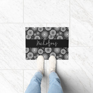 Elegant Black White Geometric Starburst Name Doormat
