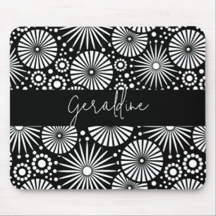 Elegant Black White Geometric Starburst Name  Mouse Mat
