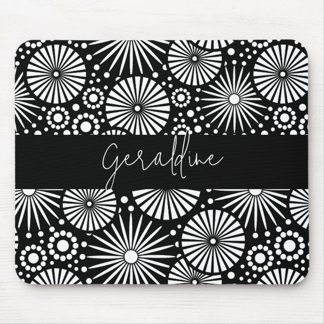 Elegant Black White Geometric Starburst Name  Mouse Mat (Front)