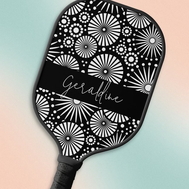 Elegant Black White Geometric Starburst Name  Pickleball Paddle (Creator Uploaded)