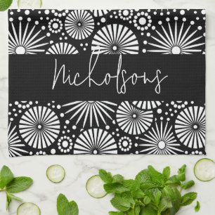 Elegant Black White Geometric Starburst Name Tea Towel