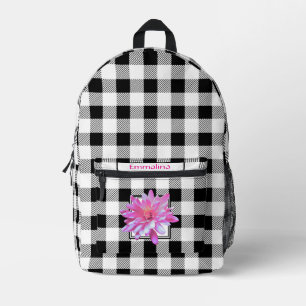 Elegant black white gingham boho pink floral printed backpack