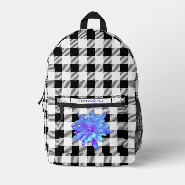 Elegant black white gingham boho purple floral printed backpack (Front)