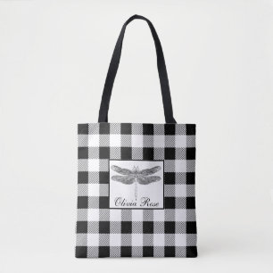 Elegant black white gingham dragonfly tote bag