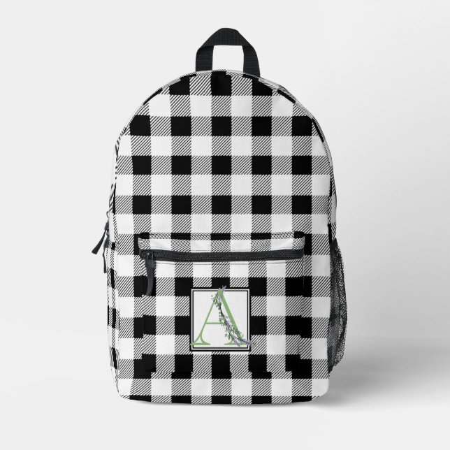 Elegant black white gingham letter A botanical Printed Backpack (Front)