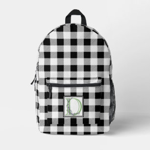 Elegant black white gingham letter D botanical Printed Backpack