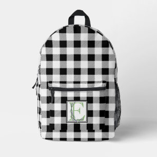 Elegant black white gingham letter E botanical Printed Backpack