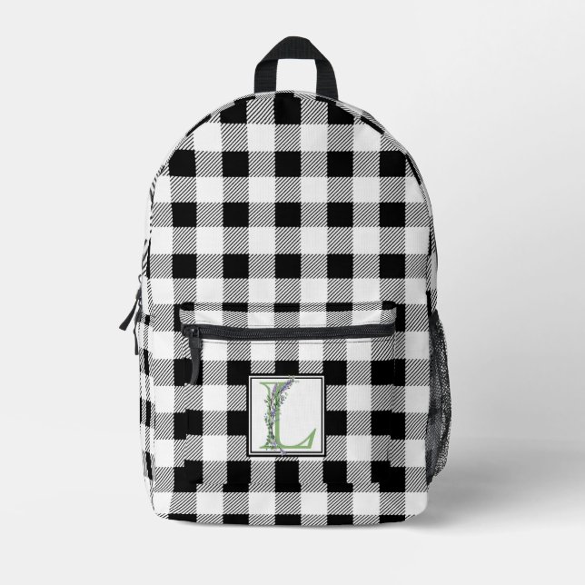 Elegant black white gingham letter L Printed Backpack (Front)