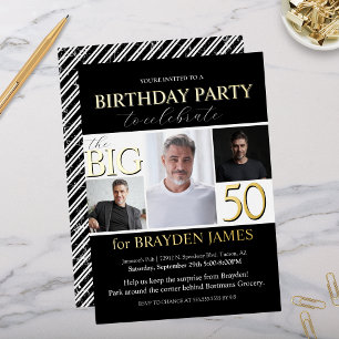 Elegant Black White Gold 50th Birthday Invitation