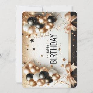 Elegant Black White & Gold Balloons Happy Birthday Invitation