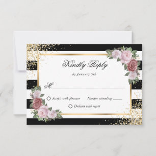 Elegant Black White Gold Blush Floral Wedding RSVP Card