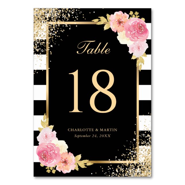 Elegant Black White Gold Blush Pink Floral Wedding Table Number (Front)