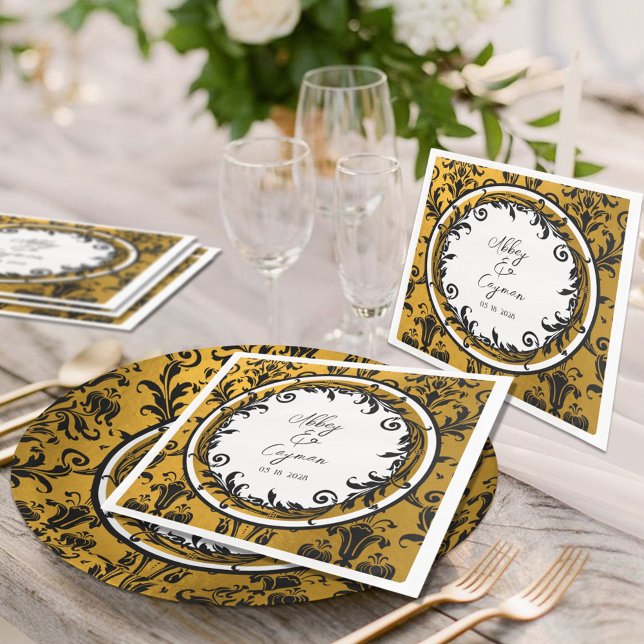 Elegant Black White & Gold Damask Wedding Napkin (Creator Uploaded)