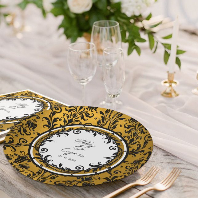 Elegant Black White & Gold Damask Wedding  Paper Plate (Creator Uploaded)