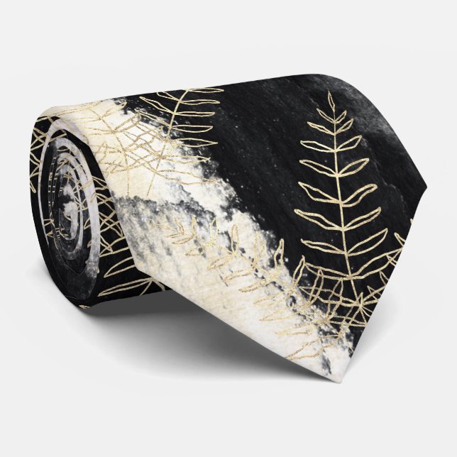 Elegant Black & White Gold Fern Leaf Wedding Tie (Rolled)
