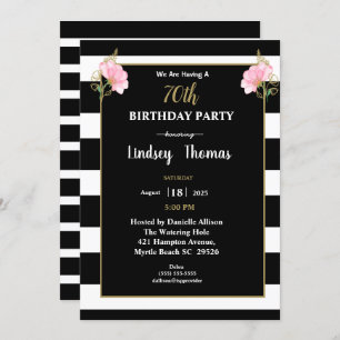 Elegant Black White Gold Floral 70th Birthday Invitation